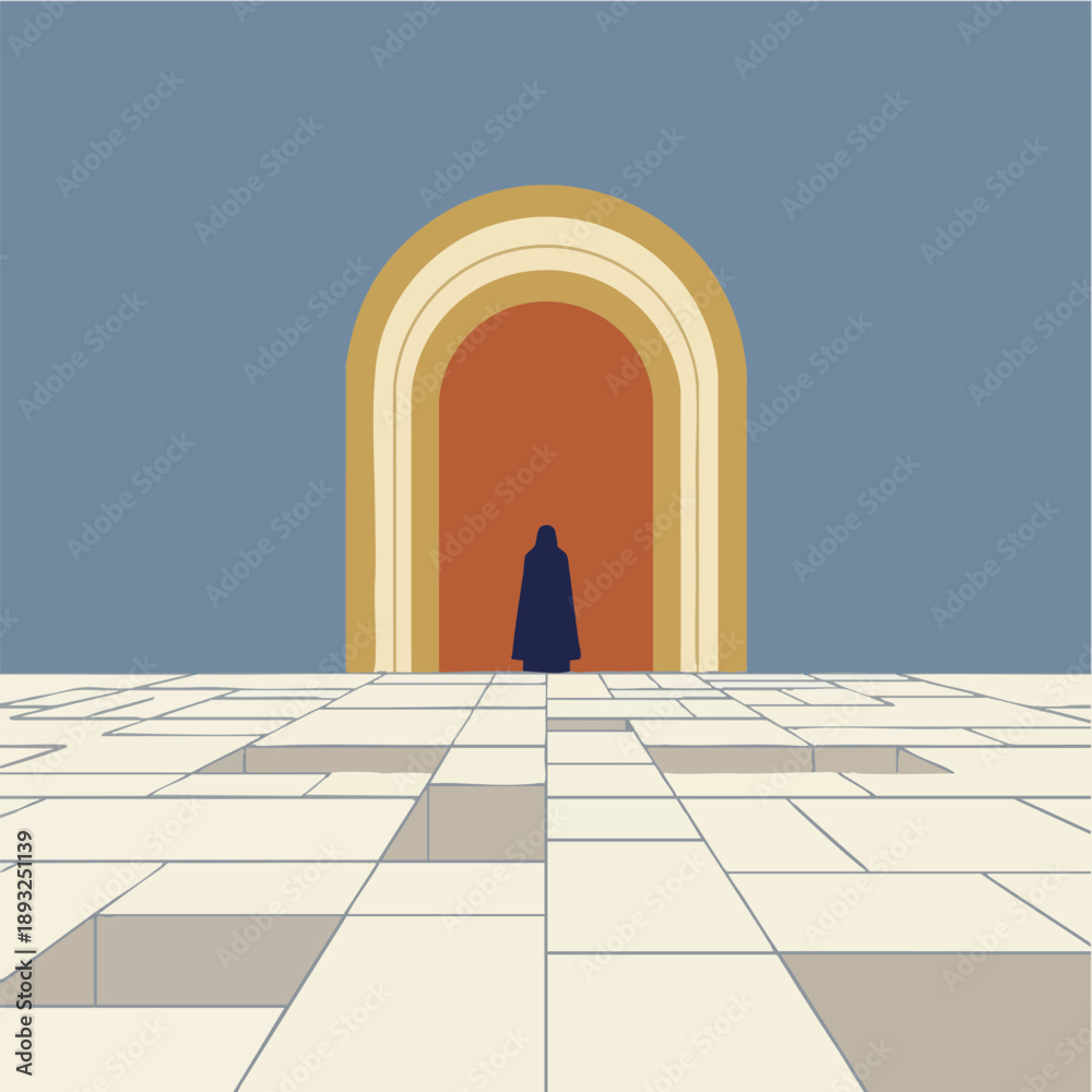 Fototapeta premium Silhouette figure walking into abstract arched portal illustration.