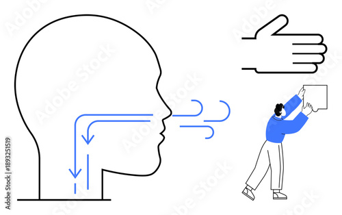 Respiratory process. Depiction of human airflow and breathing pathway with additional conceptual focuses on health, communication, and body gestures. Useful for education, health, and wellness
