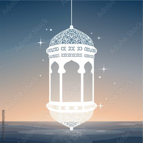 Detailed Arabic lantern hanging on twilight background over water