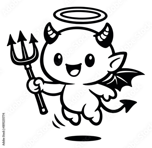 Cute line art illustration of a hybrid devil angel depicting a happy and mischievous character holding a trident for halloween festivities
