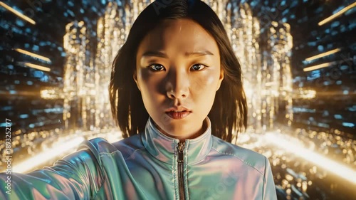 Futuristic asian woman immersed in glowing digital data with augmented reality light patterns