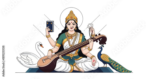 Illustration of goddess Saraswati playing a musical instrument with a peacock, swans, and flowers, in a traditional Indian design for Vasant Panchami or Saraswati Puja.