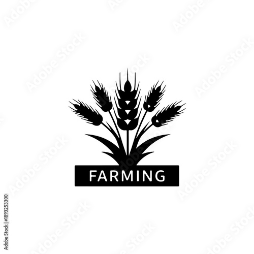 This vector illustration features a stylized black and white wheat icon representing farming. Ideal for agricultural themes, logos, and branding.