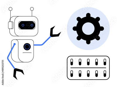 Automation concept. Automation portrayed with a robotic figure, gear icon, and mechanism symbols. Automation streamlining processes, improving efficiency, and advancing technology. For robotics