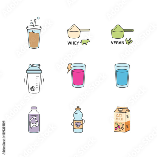 Variety of healthy drink options in colorful illustrations