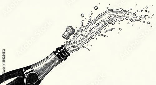 Champagne bottle cork popping with festive liquid splash illustration