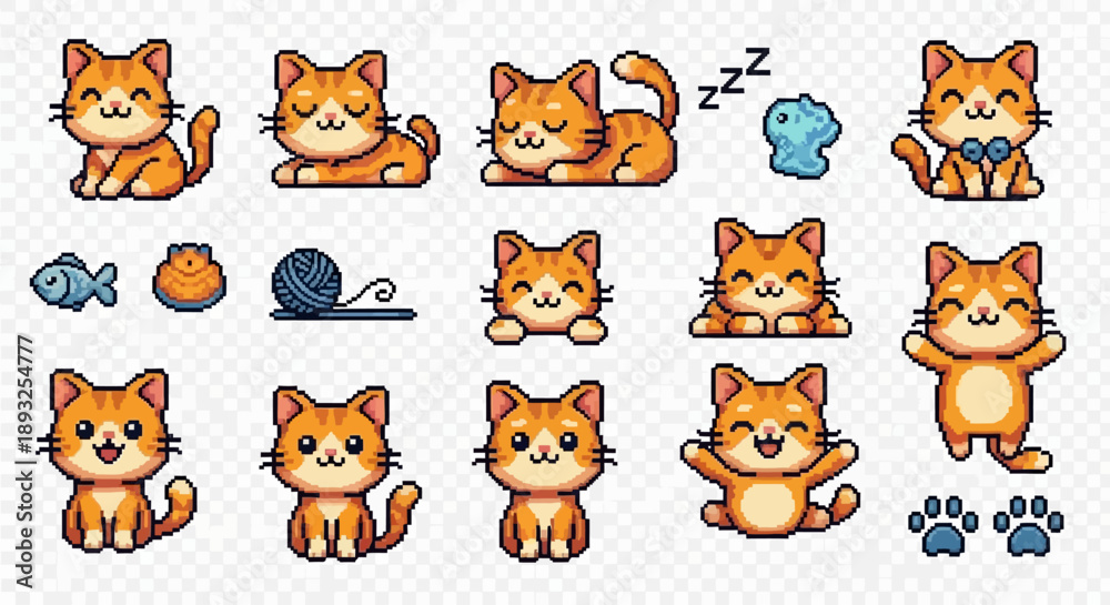 Obraz premium Cute Pixel Art Cat Collection: 8-Bit Kitten Sprites for Games and Digital Design