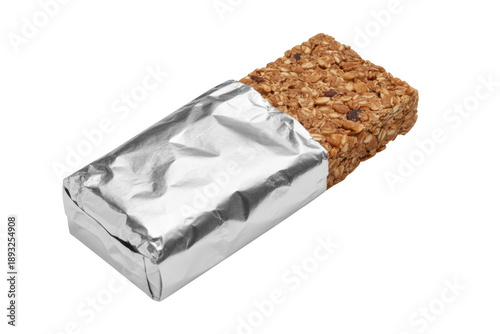 Granola bar wrapped in silver foil isolated on a transparent background