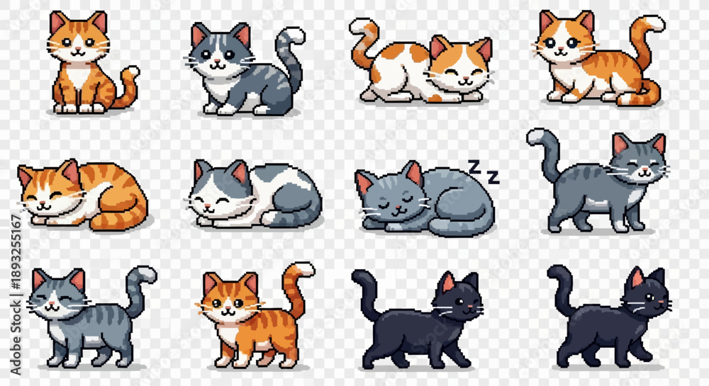 Fototapeta premium Cute Pixel Art Cat Collection: 8-Bit Kitten Sprites for Games and Digital Design