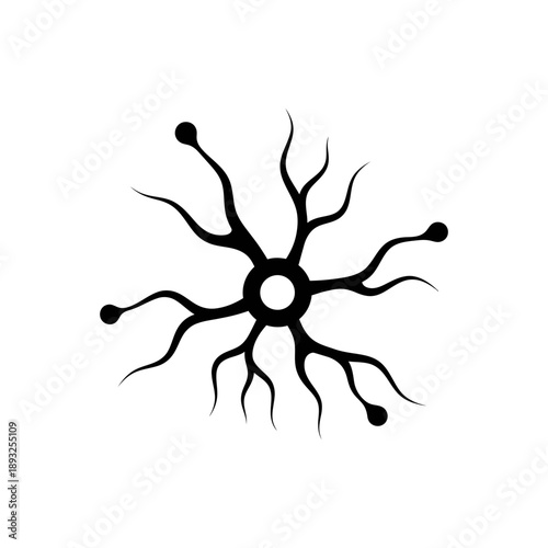 Black silhouette of a neuron with branching dendrites and axon terminals.