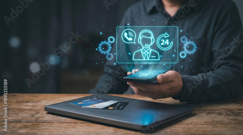 Ai customer support chat bot ecommerce on mobile phone and laptop for online service and payment at night