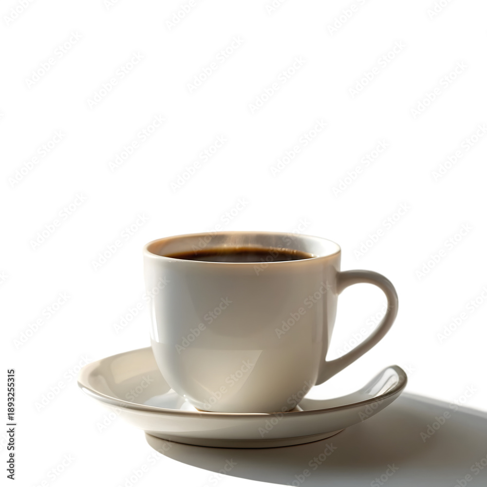 Fototapeta premium A white coffee cup on a saucer against a black background on transparent background