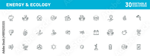 Eco-themed energy and sustainability symbols in global conservation work, icon set for digital and print media, icon
