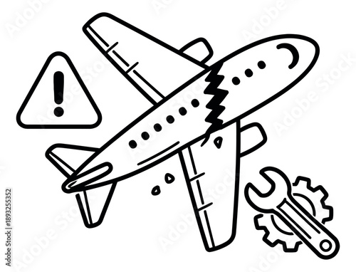 Hand drawn line art illustration of a broken airplane depicting a warning sign and repair for aviation issues