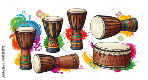 Collection of African djembe drums with vibrant colorful paint splashes and geometric patterns traditional percussion instruments for music and cultural concepts isolated on white