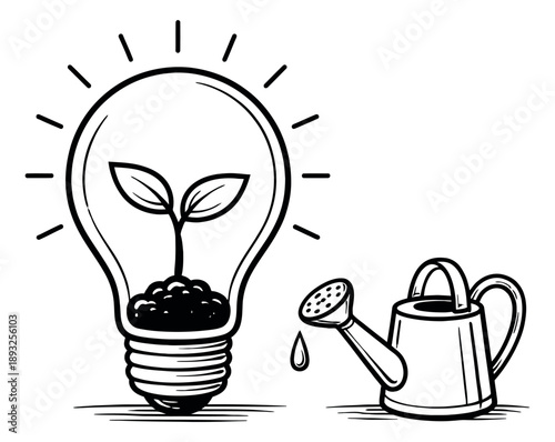 Hand drawn line art illustration of a lightbulb with a seedling and a watering can depicting the concept of growing new ideas for innovation and sustainability projects