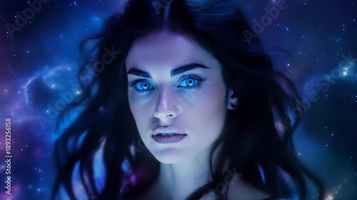 Mystical glowing eyes woman in cosmic fantasy video
