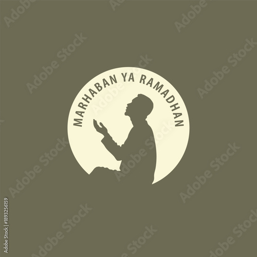 Marhaban ya ramadhan ,silhouette of a Muslim man praying against a white background
