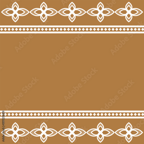 Elegant seamless geometric border pattern on warm mustard background with white line floral motifs. Minimal ethnic inspired textile design, symmetrical repeat layout, luxury fabric style, flat vector 