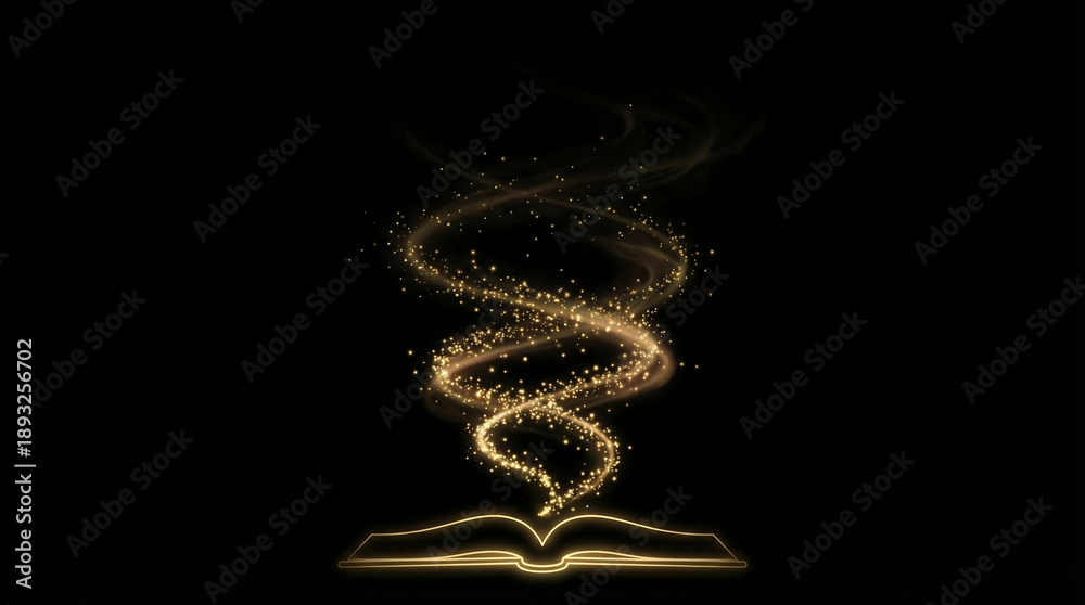 Obraz premium Golden magic swirling from open book with sparkling particles