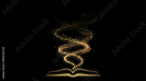 Golden magic swirling from open book with sparkling particles