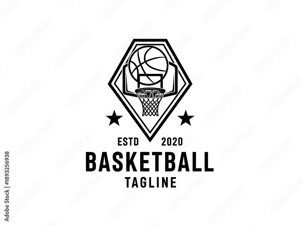 Fototapeta premium Basketball Logo with Hoop, Hexagonal Frame, and ESTD 2020 Text