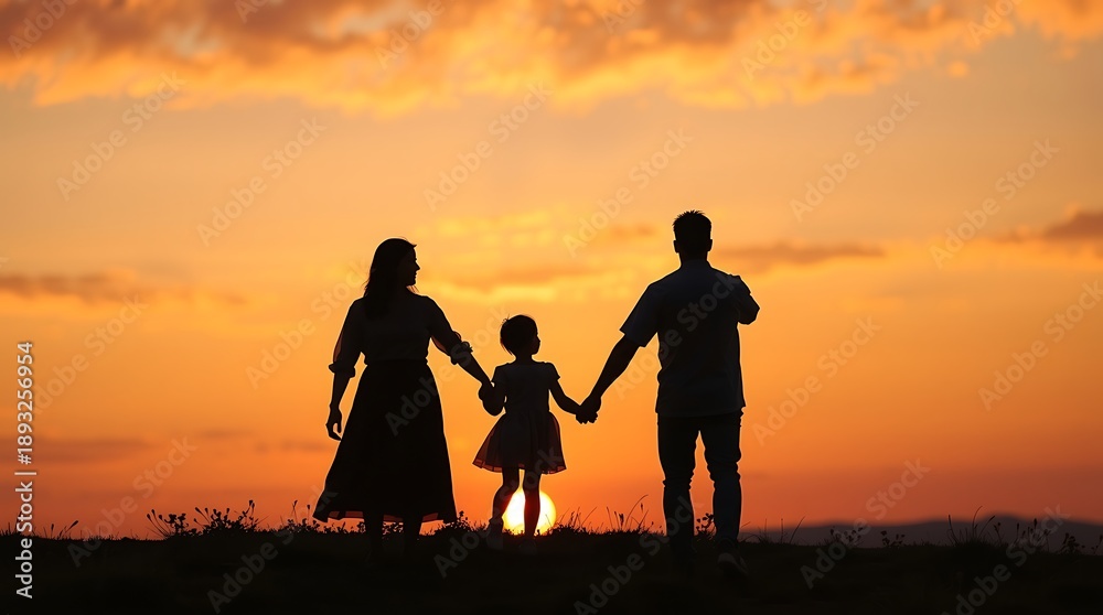 Fototapeta premium Family Silhouette at Sunset Holding Hands in Field