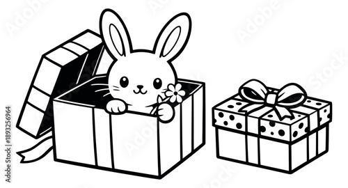 Cute hand drawn line art illustration of a bunny in a gift box depicting peeking out with a flower for a birthday surprise