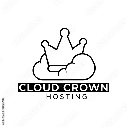 Minimalist vector logo for cloud hosting service with crown icon on cloud symbol, black and white graphic design for technology branding