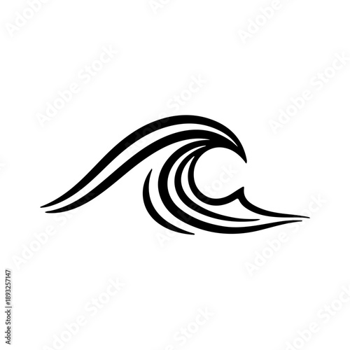 Stylized black vector illustration of dynamic ocean wave: minimalist design for surf logos, marine themes, and abstract art graphic element