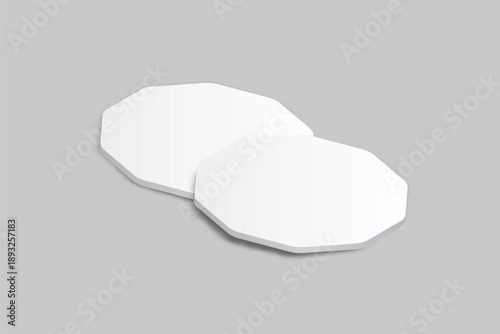 3D vector white octagonal coaster mockup, isolated on background. Empty coaster lying mats for branding, pub, bar, restaurant, cafe, drinkware, bottle, can, cup holder and promotional product design