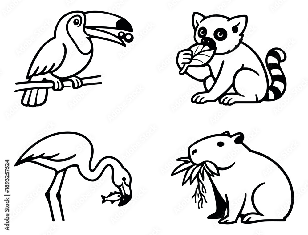 Naklejka premium Hand drawn line art tropical animals set featuring a toucan, lemur, flamingo, and capybara for nature and wildlife design