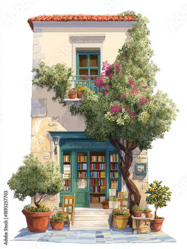 Bookstore facade with blooming flower tree and terracotta pot containing olive plant stands before white building with blue balcony and shop entrance, offering serene cozy peaceful feeling