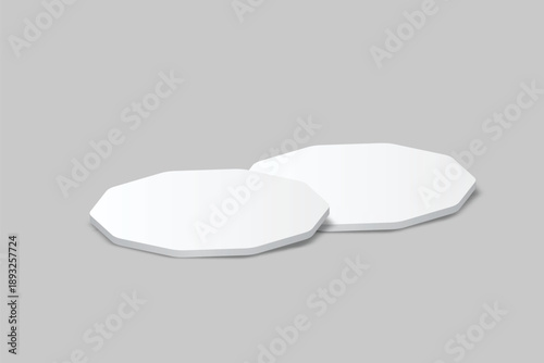 3D vector white octagonal coaster mockup, isolated on background. Empty coaster lying mats for branding, pub, bar, restaurant, cafe, drinkware, bottle, can, cup holder and promotional product design