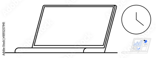 Time management, productivity, business strategies, work-life balance, technology tools, efficiency. Outline of a laptop with a clock and small analytics chart. Time management and productivity