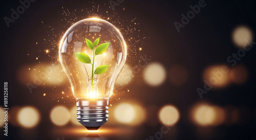 Glowing light bulb with green plant sprout inside symbolizing eco friendly ideas and innovation