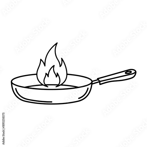 Vector illustration of a frying pan on fire, symbolizing cooking, heat, and danger. simple line art design suitable for various culinary and safety-related concepts.