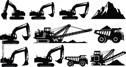 Black silhouette construction vehicles icons set featuring excavator bulldozer concrete mixer truck crane dump truck mining equipment and heavy machinery for civil engineering building projects