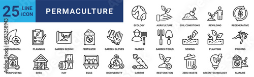 Permaculture icon set. Containing ecological, planning, garden design, fertilizer, garden gloves, farmer, garden tools and more. Outline vector icons collection
