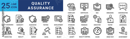 Quality Assurance icon set. Containing quality, assurance, testing, development, standard, feedback, execution and more. Outline vector icons collection