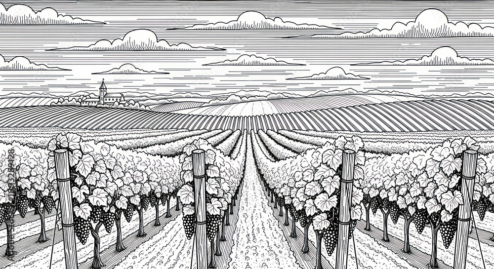 Obraz premium Detailed vineyard landscape drawing with rows of grapevines and distant church