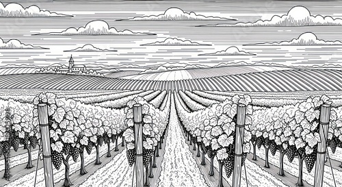 Detailed vineyard landscape drawing with rows of grapevines and distant church