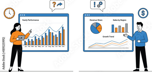 Corporate presentation analytics and business dashboard illustration: yearly performance charts, revenue share pie, sales by region bar graph, growth trend lines, presenter characters