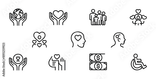 Collection of vector icons representing community care, human health and social well-being