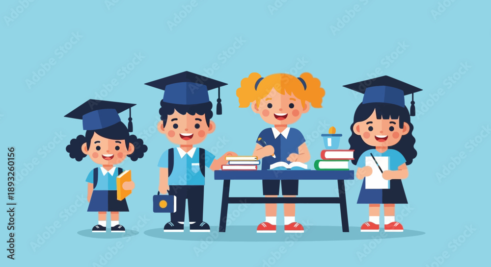 Obraz premium Cheerful young students embark on an exciting educational journey, fostering knowledge and a bright future with diverse learning experiences and academic achievements