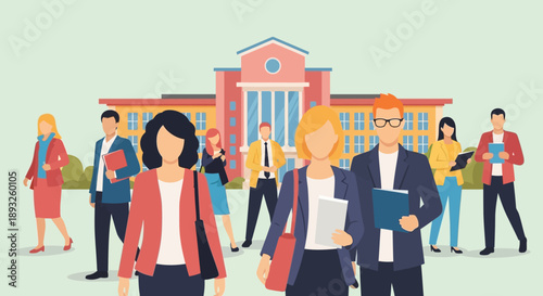 Diverse group of professionals and students walking in front of a university building, representing education and career development