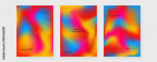 A collection of three vibrant gradient posters featuring organic fluid shapes in warm red orange and blue tones perfect for contemporary branding and digital backgrounds