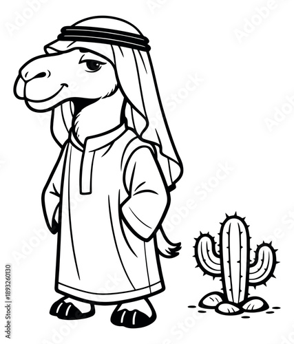 Line art illustration of a camel depicting traditional arabic dress for middle eastern culture
