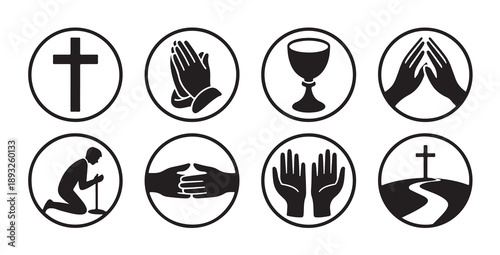 Christian cross, praying hands, chalice, and religious worship vector outline icons in circles