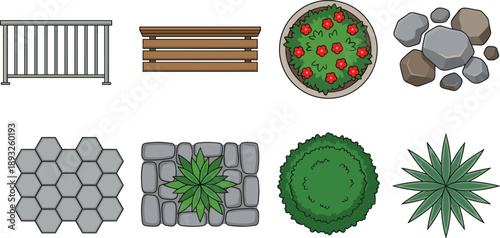 Garden landscape top view elements illustration set with bench, fence, plants, stones and paving, outdoor park design icons, colorful flat vector